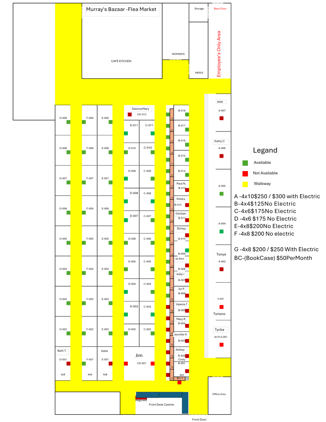 Booth Floor Plan Seating chart layout with marked available, reserved, and sold seats.